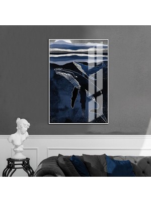 mavi-Gri-Siyah Yunus Detaylı Model 2 |çerçeveli Temperli Cam Tablo Tekli Dikey