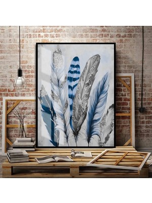 lacivert-Gümüş Tüy-Soyut Tablosu Orta |çerçeveli Temperli Cam Tablo Tekli Dikey