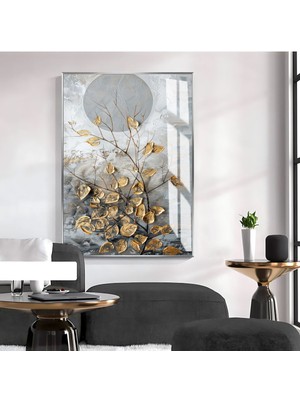 gold-Gri Yaprak Desenli Soyut Model 1|çerçeveli Temperli Cam Tablo Tekli Dikey