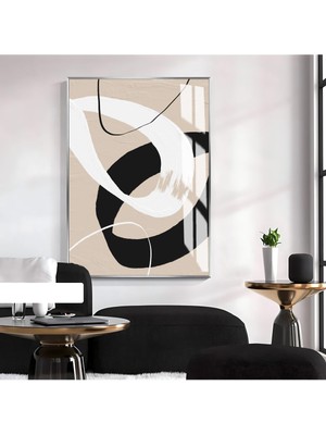 bej-Siyah-Krem Soyut Model Iı |çerçeveli Temperli Cam Tablo Tekli Dikey