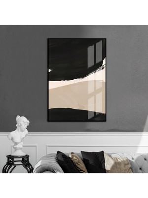 krem-Siyahi-Beyaz Soyut Model 1 |çerçeveli Temperli Cam Tablo Tekli Dikey