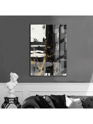 gold-Siyah-Gri Abstract Desenli Model 2 |çerçeveli Temperli Cam Tablo Tekli Dikey