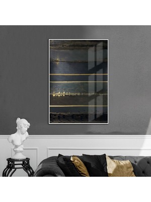 siyah-Gold Soyut Desenli Model 2|çerçeveli Temperli Cam Tablo Tekli Dikey