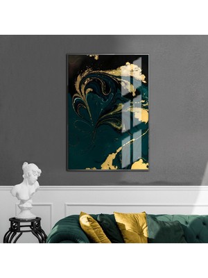 yeşil-Siyah-Gold Abstract Model I 2|çerçeveli Temperli Cam Tablo Tekli Dikey