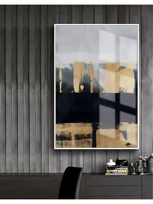 siyah-Gold-Gri Soyut Model 3 |çerçeveli Temperli Cam Tablo Tekli Dikey