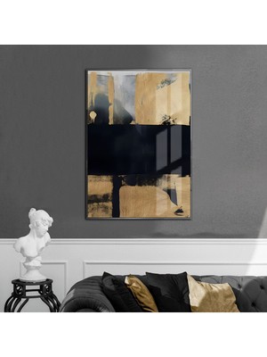 gold-Siyah-Gri Soyut Model 02  |çerçeveli Temperli Cam Tablo Tekli Dikey