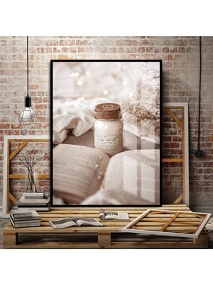 beyaz Mum Tablosu ve Püskül |çerçeveli Temperli Cam Tablo Tekli Dikey