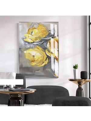 soft Gri-Sarı Gül Desenli Model 2|çerçeveli Temperli Cam Tablo Tekli Dikey