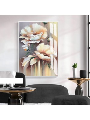 krem Sevilen Çiçek Desenli Model 1|çerçeveli Temperli Cam Tablo Tekli Dikey