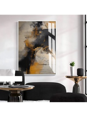 gri-Siyah-Sarı Renk Soyut Model 1|çerçeveli Temperli Cam Tablo Tekli Dikey