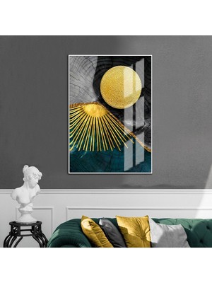 turkuaz-Gold-Gri Soyut Model |çerçeveli Temperli Cam Tablo Tekli Dikey