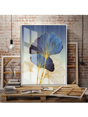 lacivert-Gold Sonsuzluk Çiçeği Kombini Sağ |çerçeveli Temperli Cam Tablo Tekli Dikey