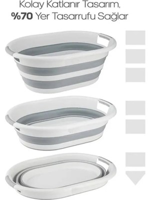 Mediterian Katlanabilir 26L Silikon Çamaşır Sepeti Beyaz-Gri Akordiyon Tasarım