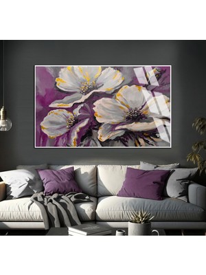 mürdüm-Gri-Gold Çiçekler Modeli 02 |çerçeveli Temperli Cam Tablo Tekli Yatay