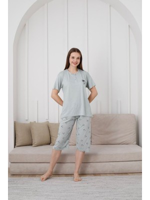 Glisa Yeşil Önden 2 Düğmeli Viskon Kumaş Kısa Kollu Kaprili Bayan Pijama Takımı 6031-Y