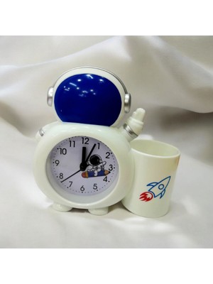 Astronot Kalemlikli 3D  Çalar Saat Alarmlı Masa Saati Çocuk Odası Mavi-Kırmızı