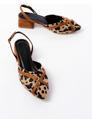 Gabriel Leopar Taba Çapraz Tokalı (4 cm Topuklu) Sivri Burun Babet Ayakkabı
