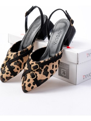 Gabriel Leopar Siyah Çapraz Tokalı (4 cm Topuklu) Sivri Burun Babet Ayakkabı