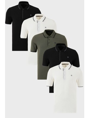 Buratti Pamuklu Slim Fit Şerit Detaylı Düğmeli Polo Yaka 5'li Paket T Shirt Erkek T Shirt 5902118S5