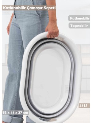 Mediterian Katlanabilir 38 lt Çamaşır Sepeti, Gri ve Beyaz, Pratik ve Şık Tasarım
