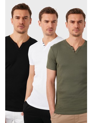 Buratti Pamuklu Düğme Detaylı Slim Fit V Yaka 3'lü Paket T Shirt Erkek T Shirt 5902122S3