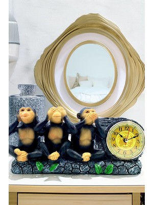 3 Maymun Görmedim Duymadım Bilmiyorum Dekoratif Masa Üstü Saat Sessiz Maymun Figürlü Saat Set