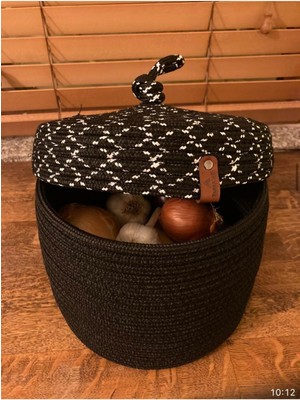 Mediterian Çok Amaçlı Hasır Sepet, Banyo ve Mutfak Organizer, 25x15, Siyah, Çift Renk Kapak