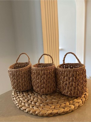 Mediterian 3'lü Hasır Sepet Seti, Kaktüs ve Saksılık ile Dekoratif Haki Tasarım