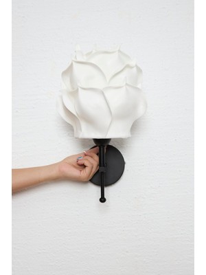 Beyaz Eva Gül Tasarım Kablosuz Pilli Duvar Aydınlatması Aplik - Alt Siyah