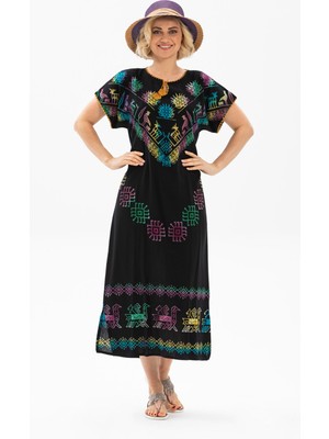 Eliş Şile Bezi Kısa Kol Pamuk Hitit Uzun Yazlık Etnik Elbise Geyik Renkli Gyk Renkli