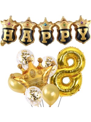 Happy Yazılı Gold Konfetili 8 Yaş Rakam Balon Set