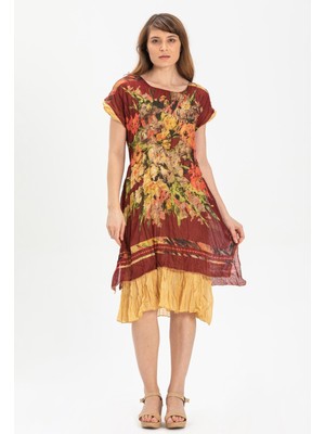 Eliş Şile Bezi Kısa Kol Vual Defne Midi Boy Yazlık Otantik Elbise Bordo-Krem 6078