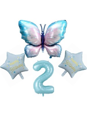 Mavi Kelebekli Happy Birthday 2 Yaş Folyo Balon Set