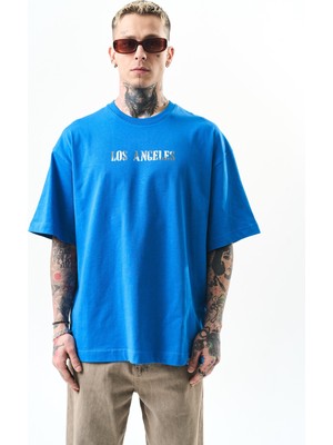 Erkek Los Angeles Baskılı Oversize T-Shirt Mavi