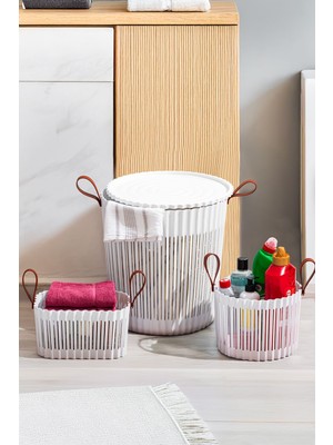 Mediterian Beyaz 3'lü Çok Amaçlı Sepet Seti, Banyo, Mutfak ve Çamaşır Organizeri