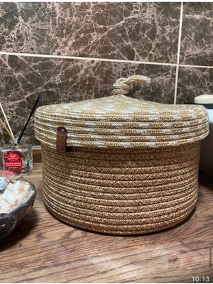 Mediterian El Dokuma Çok Amaçlı Hasır Sepet, Kapaklı, 25x15, Çift Renk, Dayanıklı Materyal