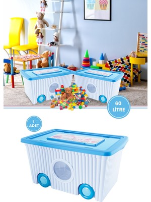 Mediterian Turkuaz renkli, tekerlekli, pencereli büyük plastik oyuncak saklama kutusu