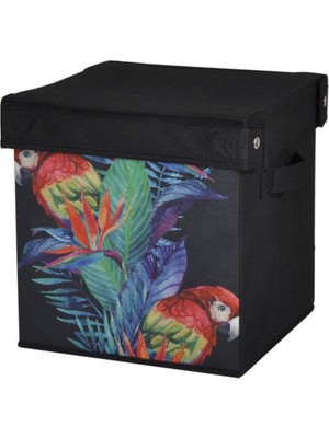 Mediterian Siyah Kumaş Saklama Kutusu, Papağan Desenli, 28x28x28cm, 21 Litre, 1 Parça