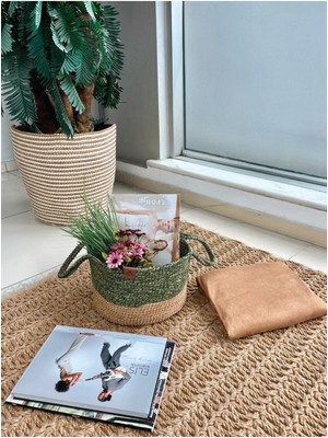 Mediterian Yeşil Kulplu Düzenleyici Sepet, 31x20 cm, leke tutmaz, doğal görünüm, polipropilen