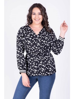 Myline Beli Lastikli Kruvaze Çiçekli Bluz