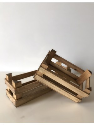 Mediterian Şık Ahşap Sunum Kasası ve Sepetleri, 2'li Kahverengi Set