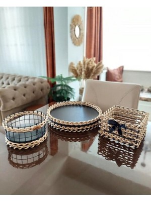 Mediterian Doğal Hasır 3'lü Sepet ve Tepsi Seti, şık ve kullanışlı ev dekoru, kahverengi