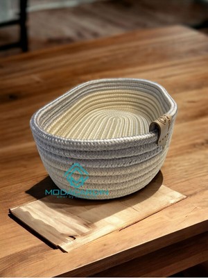 Mediterian Çift Renk Jüt Hasır Sepet, Meyve ve Ekmek Organizer, Küçük Boy, Krem Renk