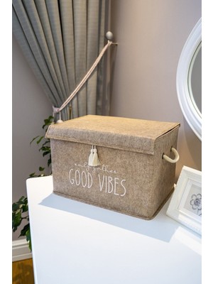 Mediterian Kahverengi Keçe Kapaklı Çok Amaçlı Saklama Kutusu, Mini Çamaşır ve Oyuncak Sepeti