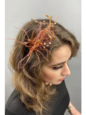 Hayalperest Boncuk Rose Rengi Ozly Tüylü Kristalli Gelin Saç ve Türban Aksesuarı