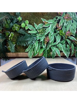 Mediterian Fiyonklu 3'lü Çok Amaçlı Sepet, Jüt İp, Dekoratif, Antrasit, Küçük, Gri