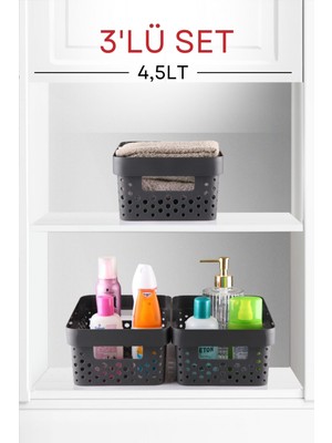 Mediterian 3’lü Çok Amaçlı Penta Köşeli Sepet, Antrasit, Plastik, Gri, 120 Boyut