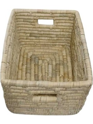 Mediterian Kalın Örgülü Hasır Kare Çok Amaçlı Düzenleyici Sepet 26x21x18 Bej