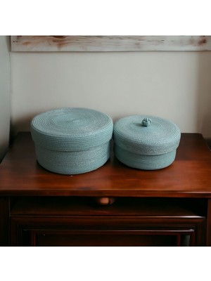 Mediterian El Yapımı Su Yeşili Dekoratif 2’li Sepet Seti, Pamuklu, Küçük Boy