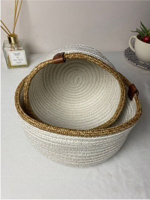 Mediterian Beyaz jüt yuvarlak 2'li sepet seti, doğal ve şık ev dekorasyonu için ideal seçim